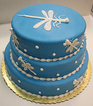 white dragonflies on blue fondant cake, 3 tiers